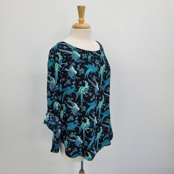 Ann Taylor LOFT Womens Peacock Tunic Top Size L Blue Roll Tab Sleeve Birds - Picture 2 of 13